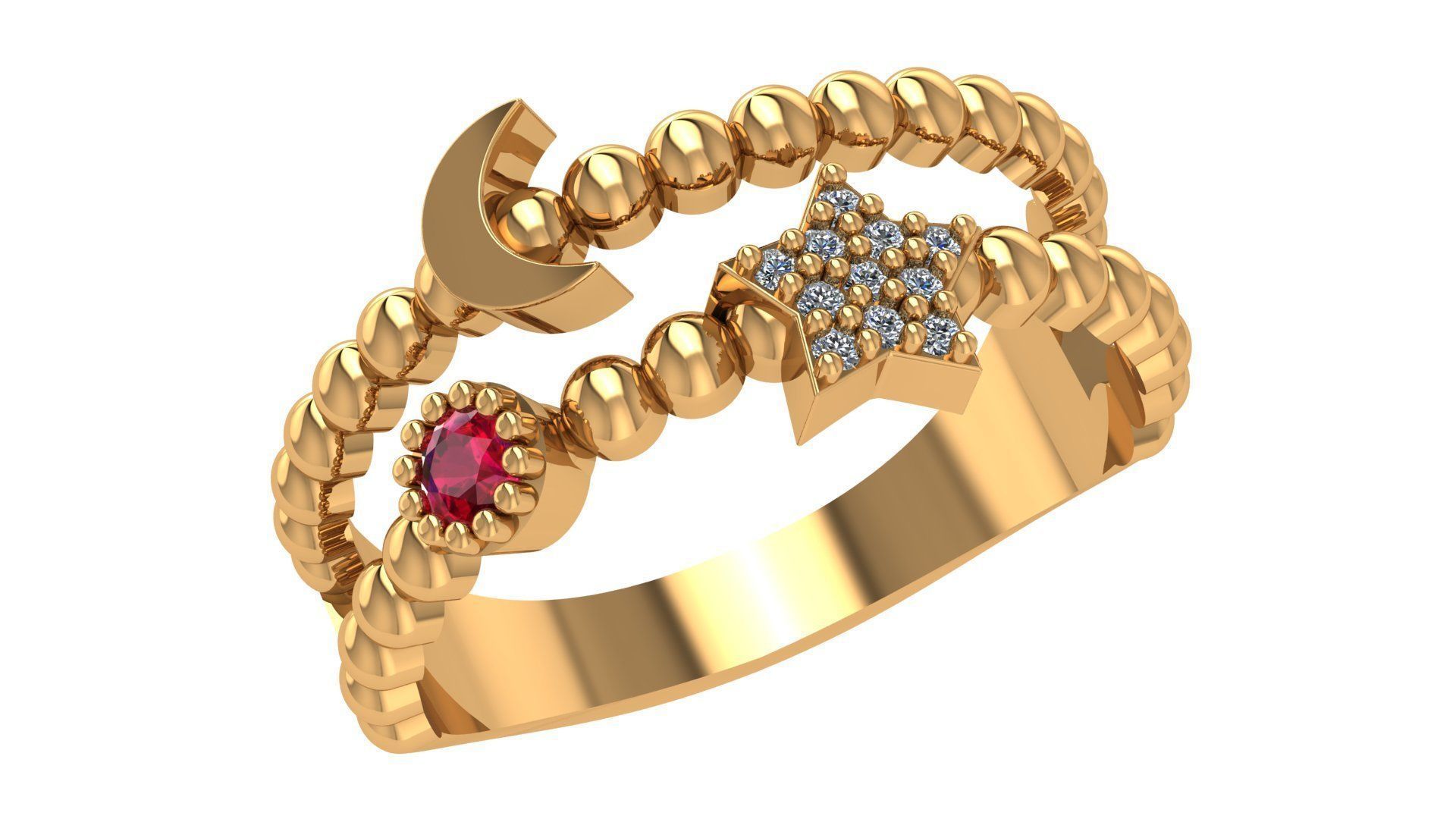 Moon Star Beads Wire Ring renders 3dm stl details 3D print model_1