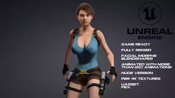 Lara Croft - Tomb Raider - UE5 - face - animated-nude version