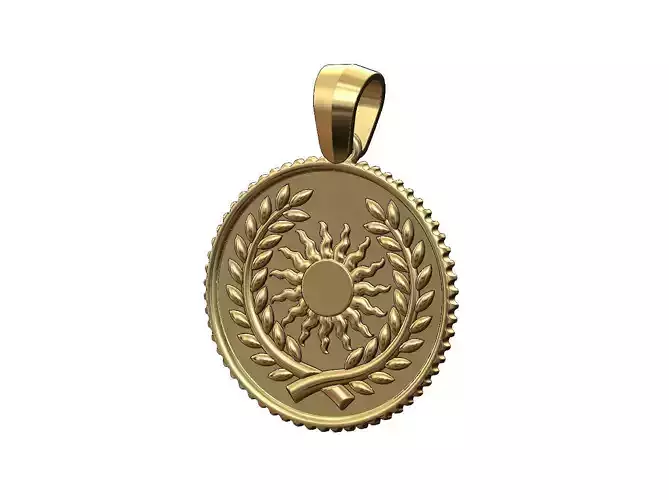 Pendant sun and bay leaves branches crown coin