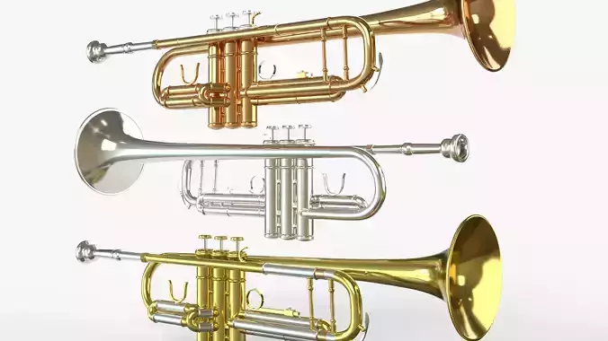 Trumpets Three Types of Materials  Brass Copper and Silver 3D model