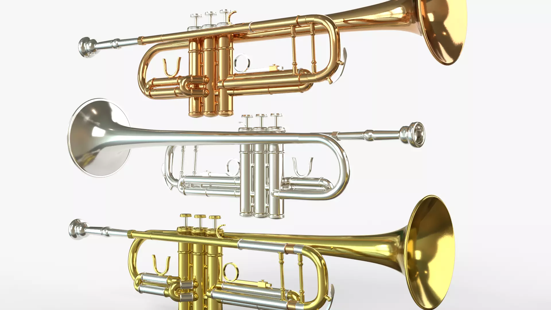 Trumpets Three Types of Materials  Brass Copper and Silver 3D model_0