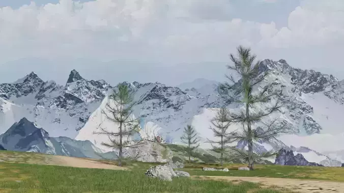 winter Mountain  view from valley Low-poly   3D model  Low-poly 3D model