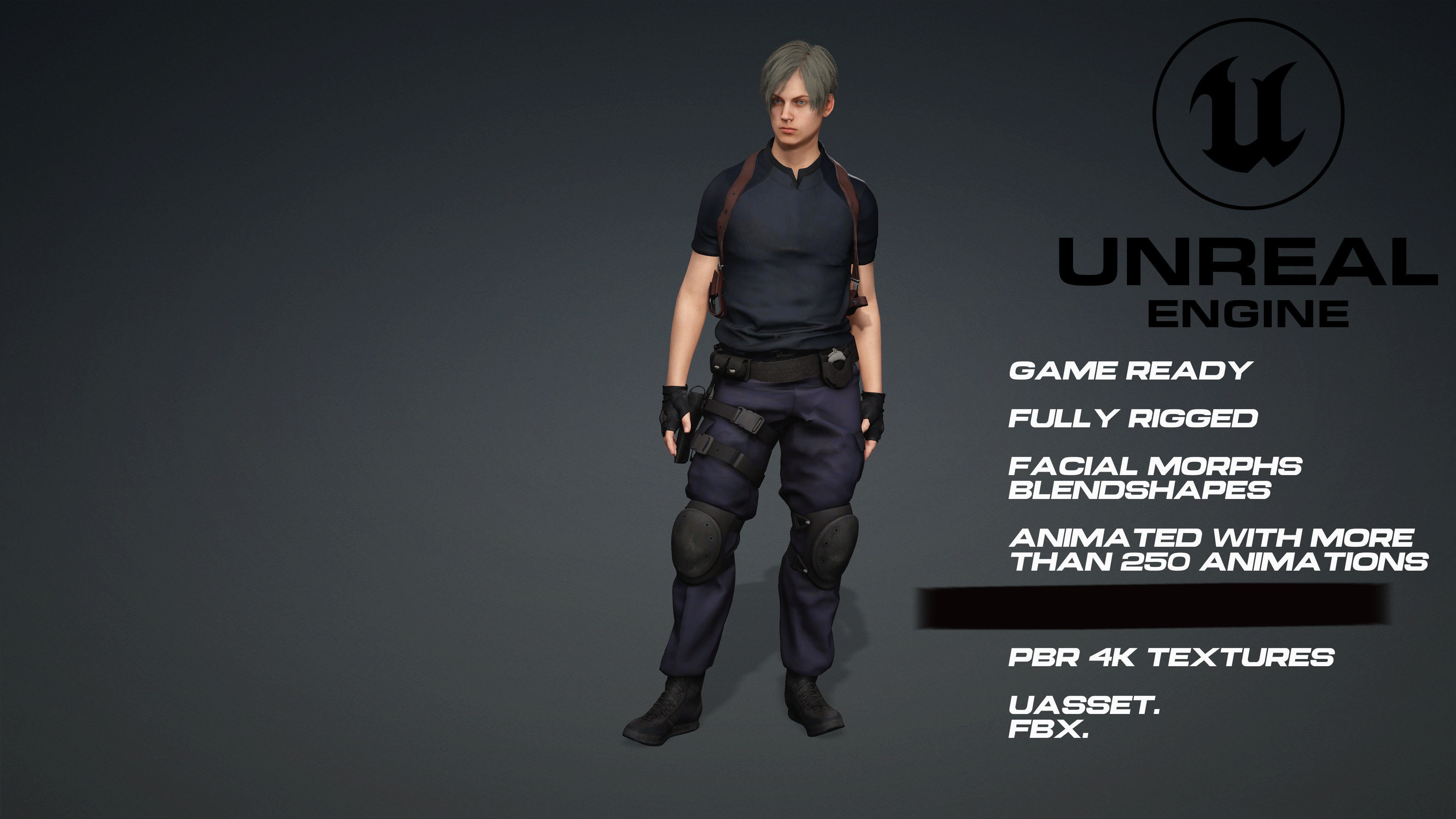 Leon - Resident Evil - UE5 - face - animated-3D model game ready Low-poly 3D model_4