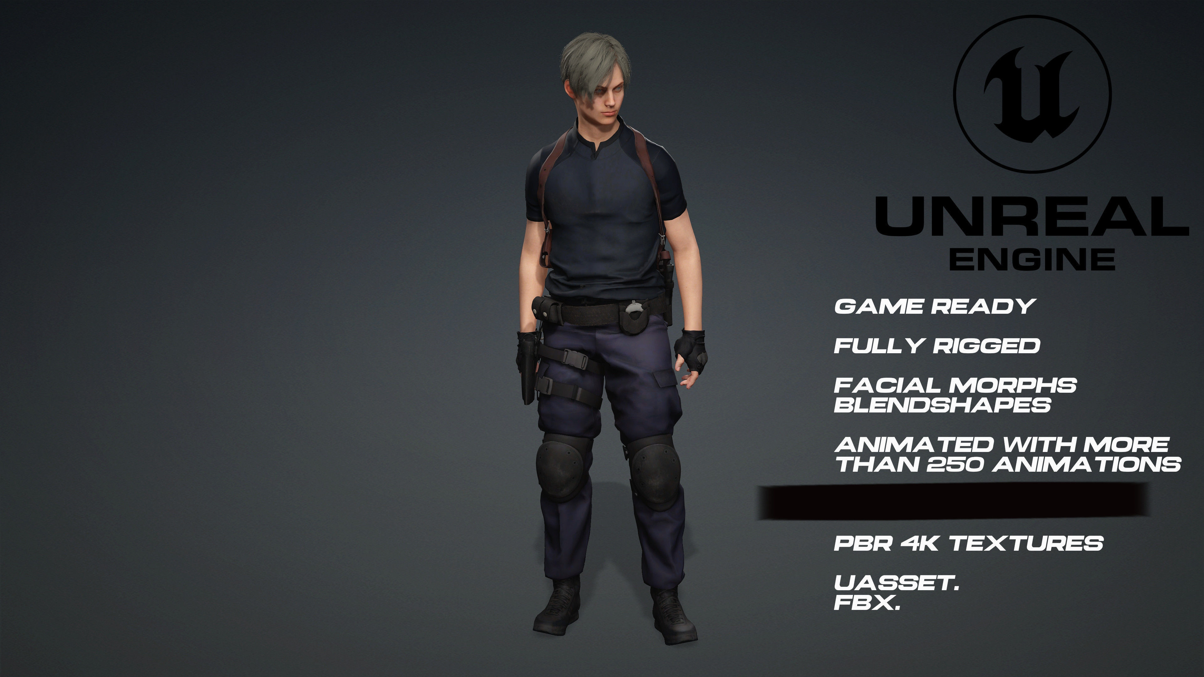 Leon - Resident Evil - UE5 - face - animated-3D model game ready Low-poly 3D model_2