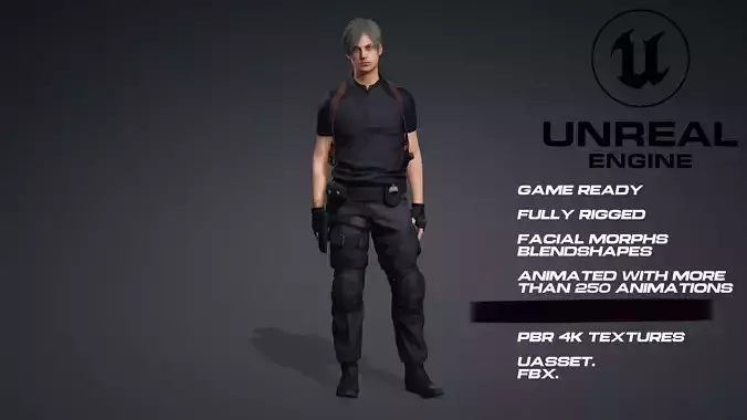 Leon - Resident Evil - UE5 - face - animated-3D model game ready Low-poly 3D model Leon - Resident Evil - UE5 - face - animated-3D model game ready Low-poly 3D model