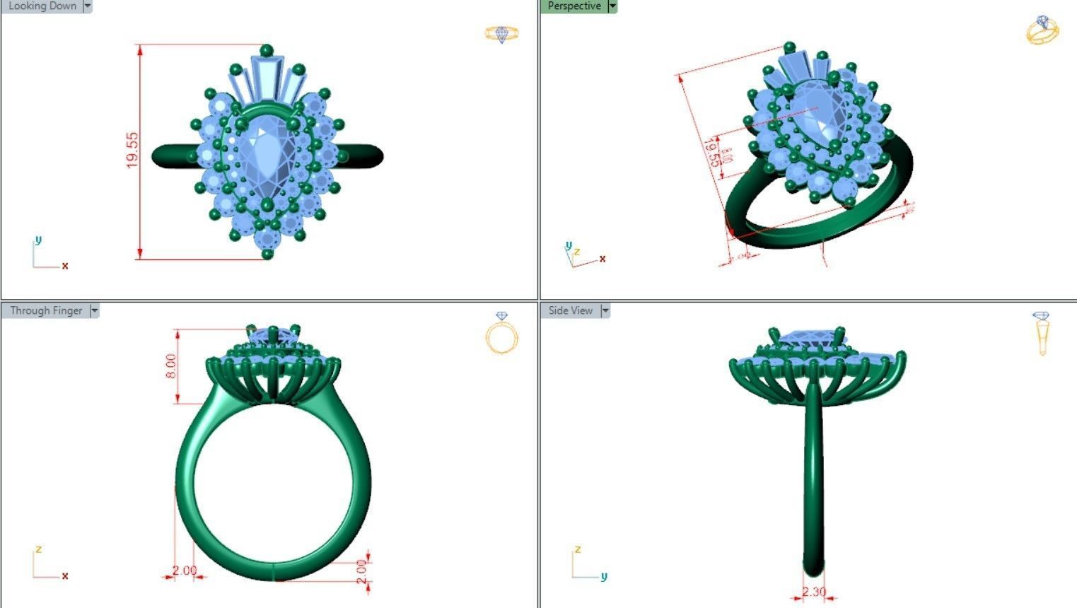 Cluster style pear cut diamond ring 3D print model_5