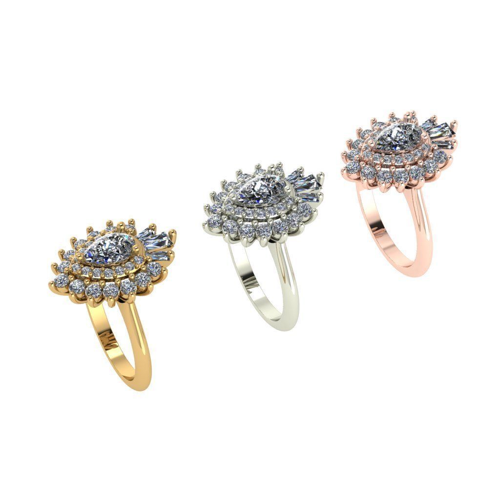 Cluster style pear cut diamond ring 3D print model_4