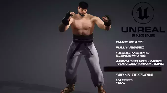 Ryu - Street Fighter - UE5 - face - animated- low-poly 3d model Low-poly 3D model