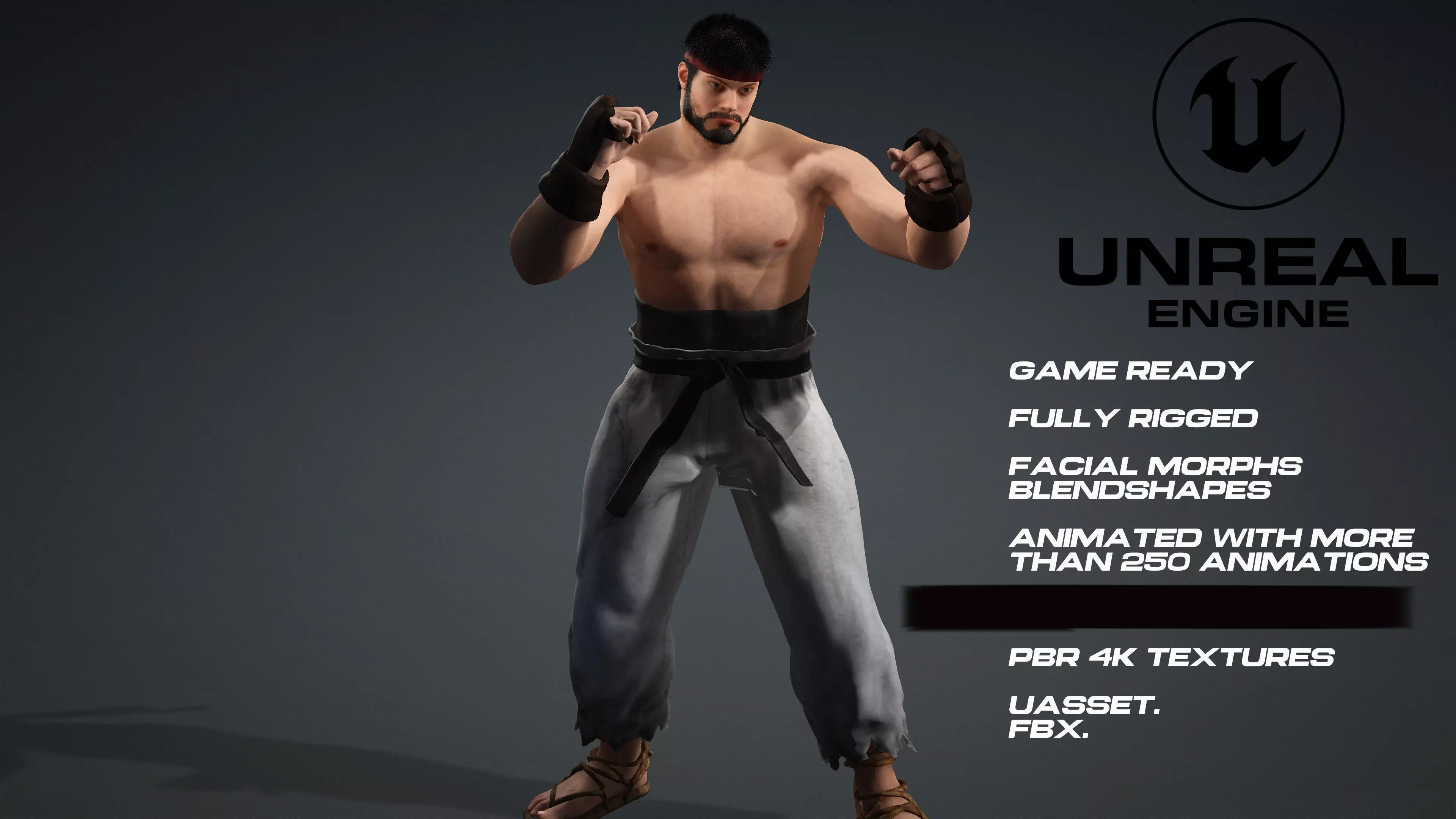 Ryu - Street Fighter - UE5 - face - animated- low-poly 3d model Low-poly 3D model
