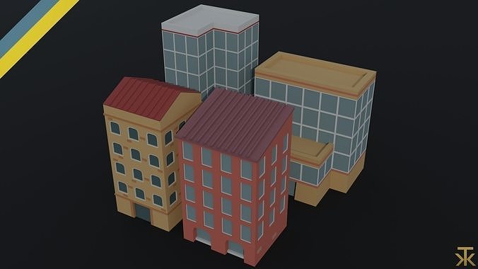 Cartoon city houses Polygonal Style Low-poly 3D model