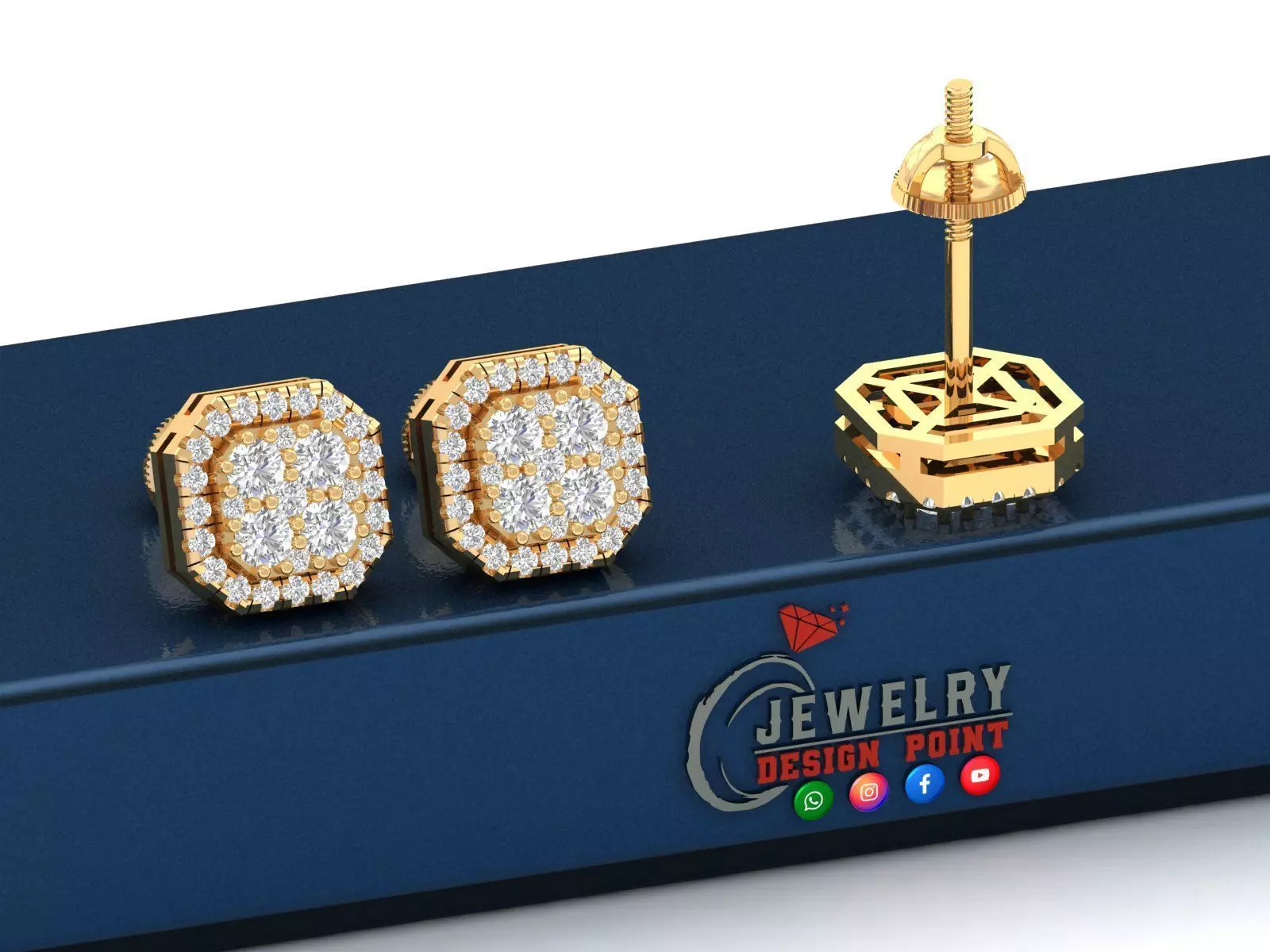 Custom Emerald Square Shape Round Diamond Studs - Earrings 10mm 3D print model_0