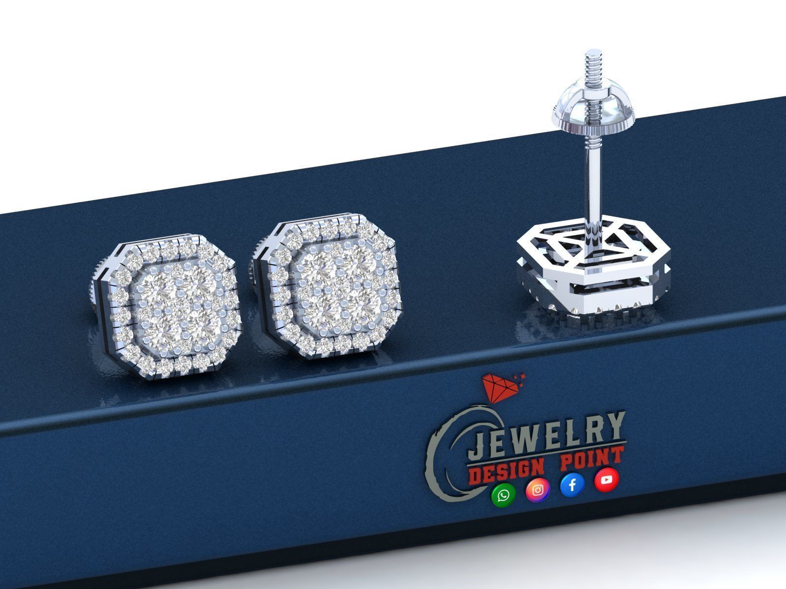 Custom Emerald Square Shape Round Diamond Studs - Earrings 10mm 3D print model_2