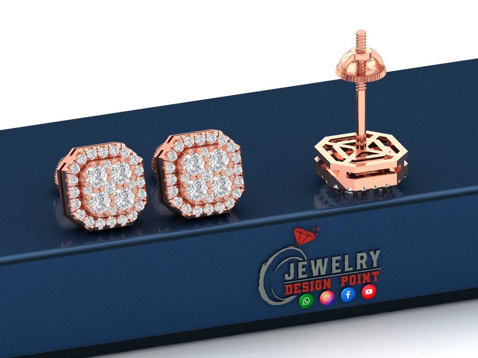 Custom Emerald Square Shape Round Diamond Studs - Earrings 10mm 3D print model_3