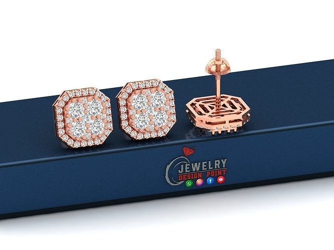 Custom Emerald Square Shape Round Diamond Studs - Earrings 14mm  3D print model