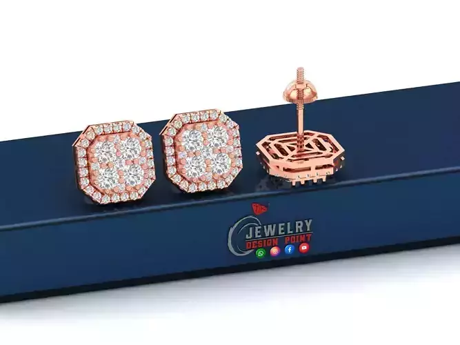 Custom Emerald Square Shape Round Diamond Studs - Earrings 14mm 