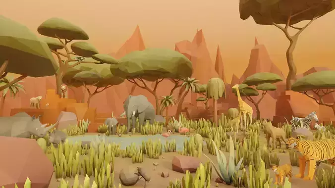 Complet Edition Savannah Biome Low Poly 3D Model Collection