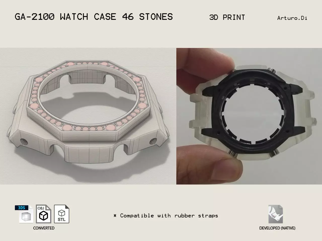 Watch Case compatible GA2100 46 stones 3D print model_0