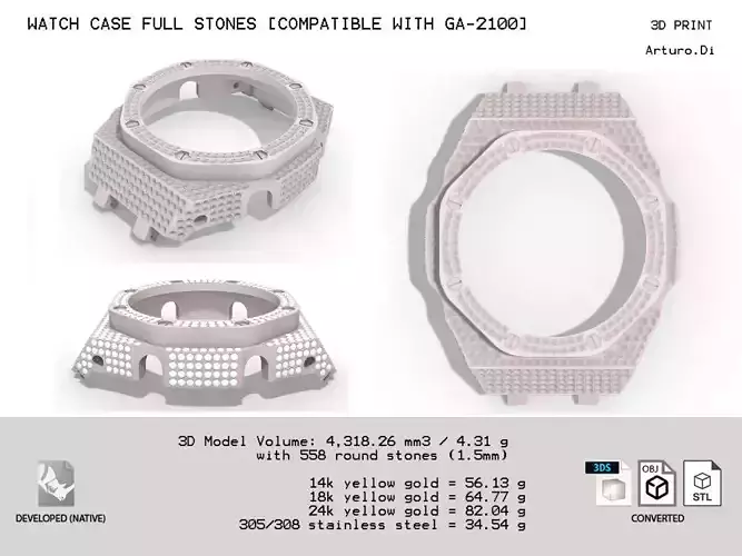 Watch case full stones compatible GA2100 3D print model