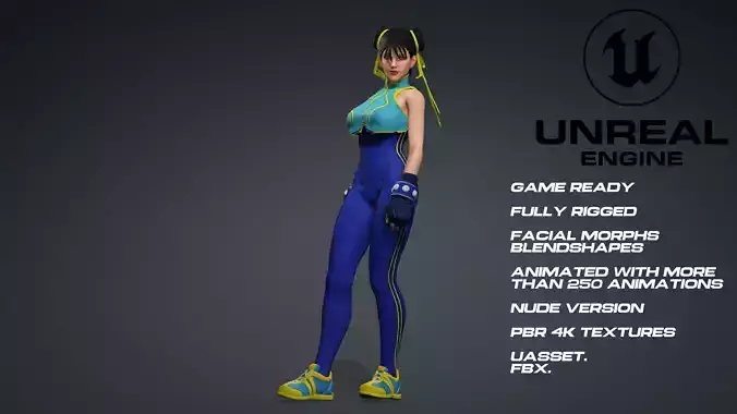 Chun-Li - Street Fighter - UE5 - face - animated-nude version Low-poly 3D model