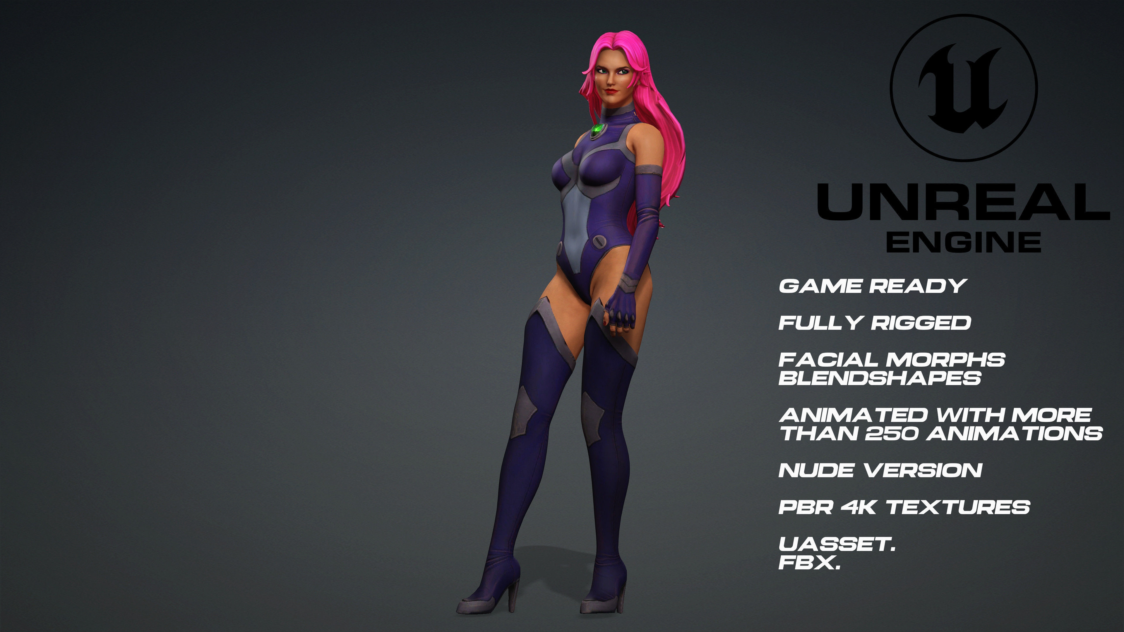 Starfire - UE5 -face- animated-nude version Low-poly 3D model Low-poly 3D model_4
