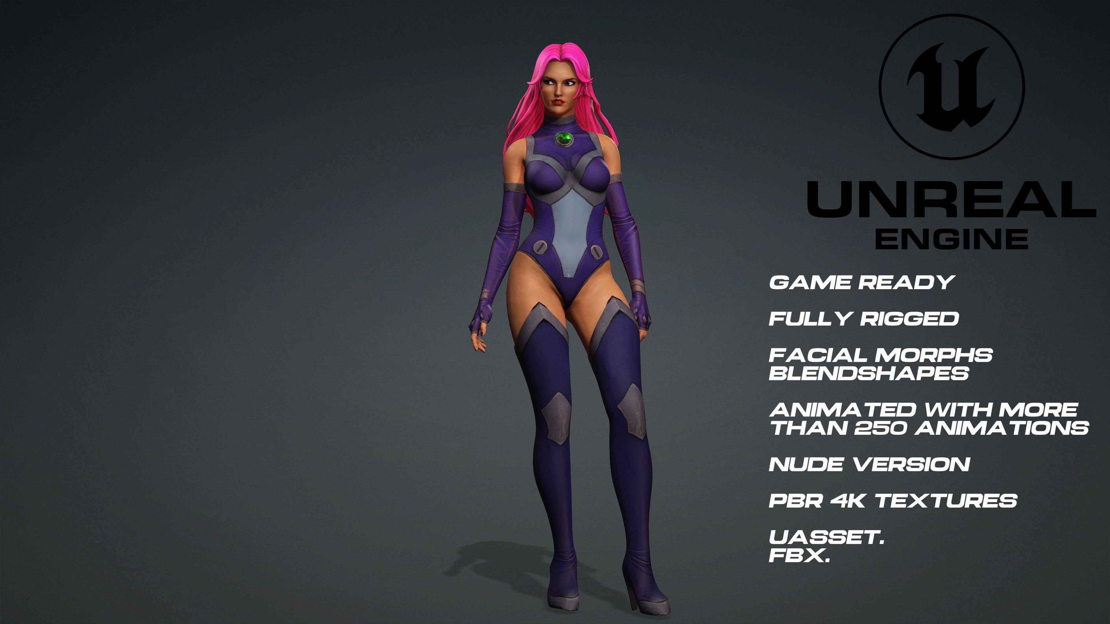 Starfire - UE5 -face- animated-nude version Low-poly 3D model Low-poly 3D model_2