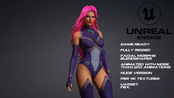 Starfire - UE5 -face- animated-nude version Low-poly 3D model Low-poly 3D model