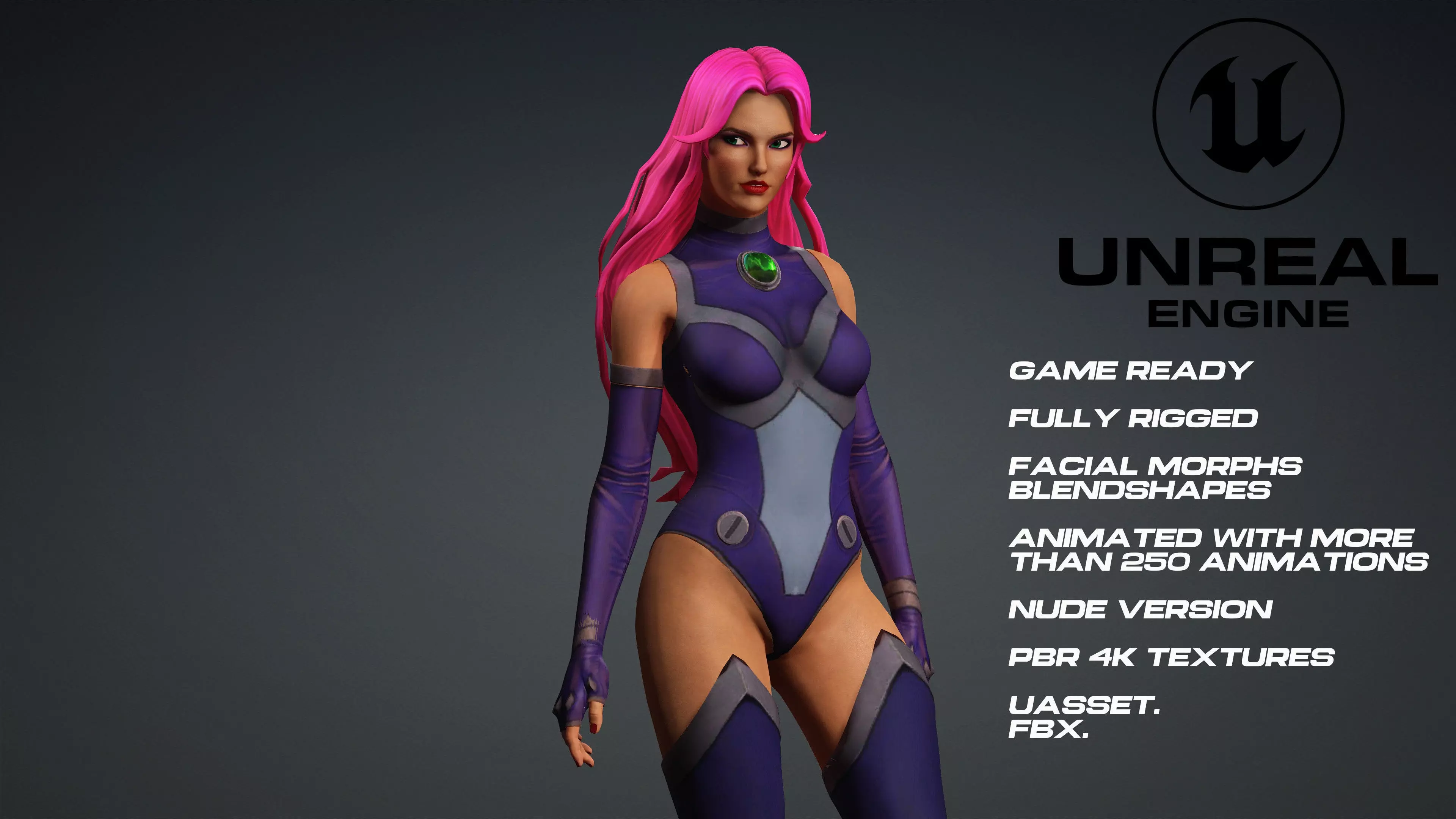 Starfire - UE5 -face- animated-nude version Low-poly 3D model Low-poly 3D model_0