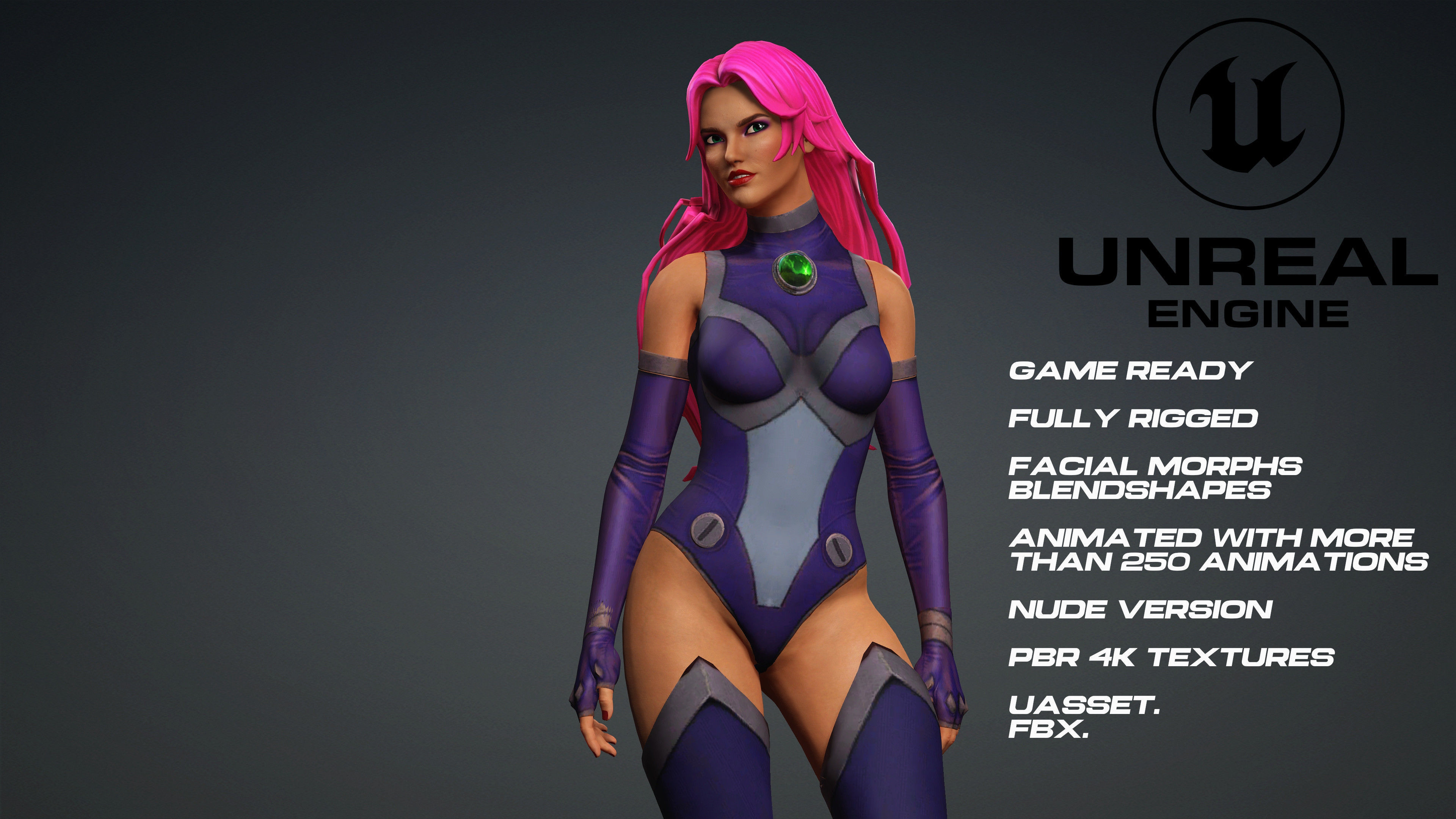 Starfire - UE5 -face- animated-nude version Low-poly 3D model Low-poly 3D model_3