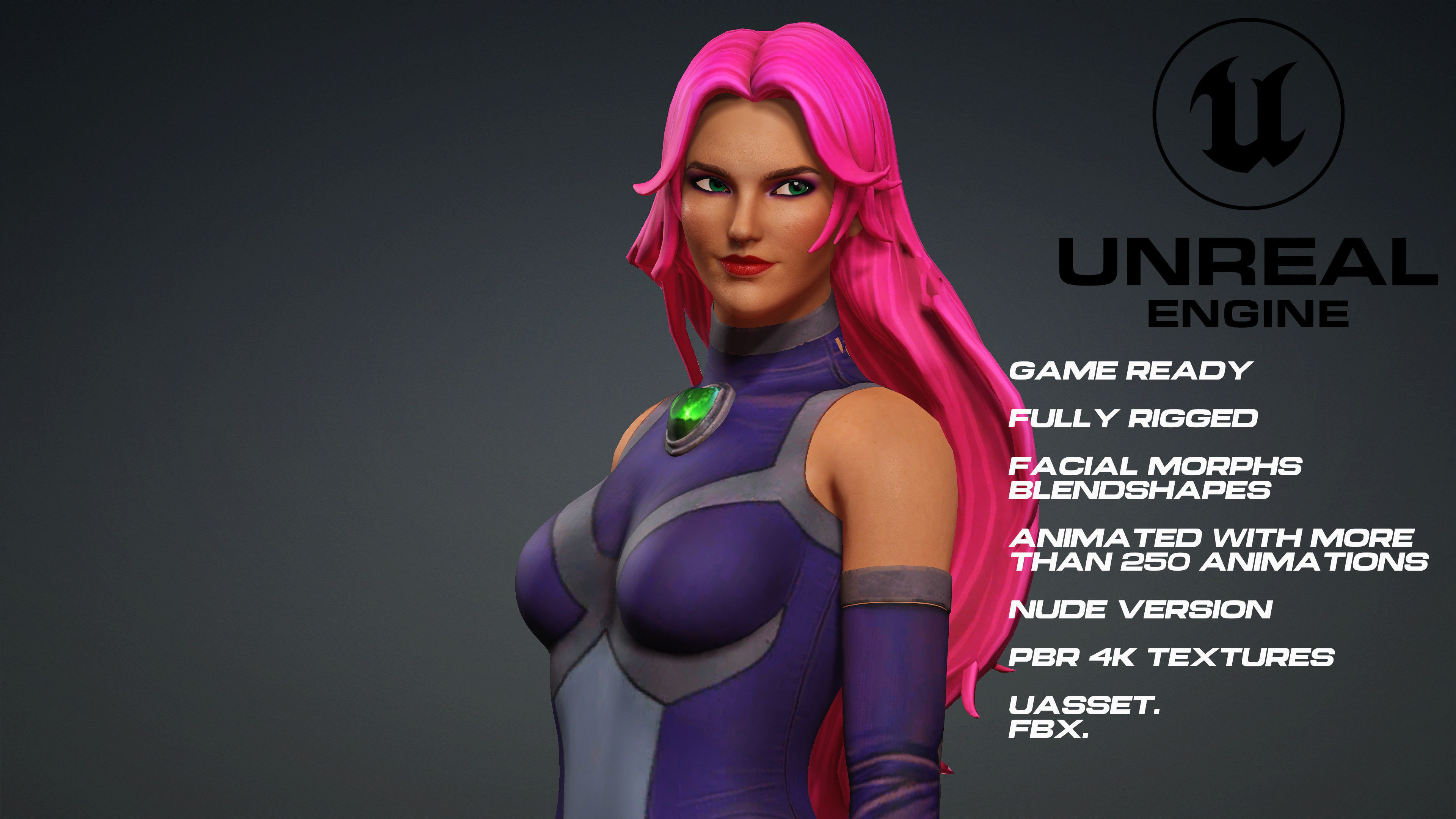 Starfire - UE5 -face- animated-nude version Low-poly 3D model Low-poly 3D model_5