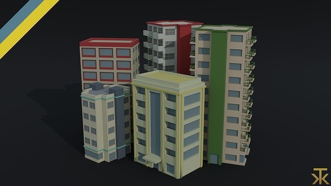 Cartoon city apartments Polygonal Style Low-poly 3D model