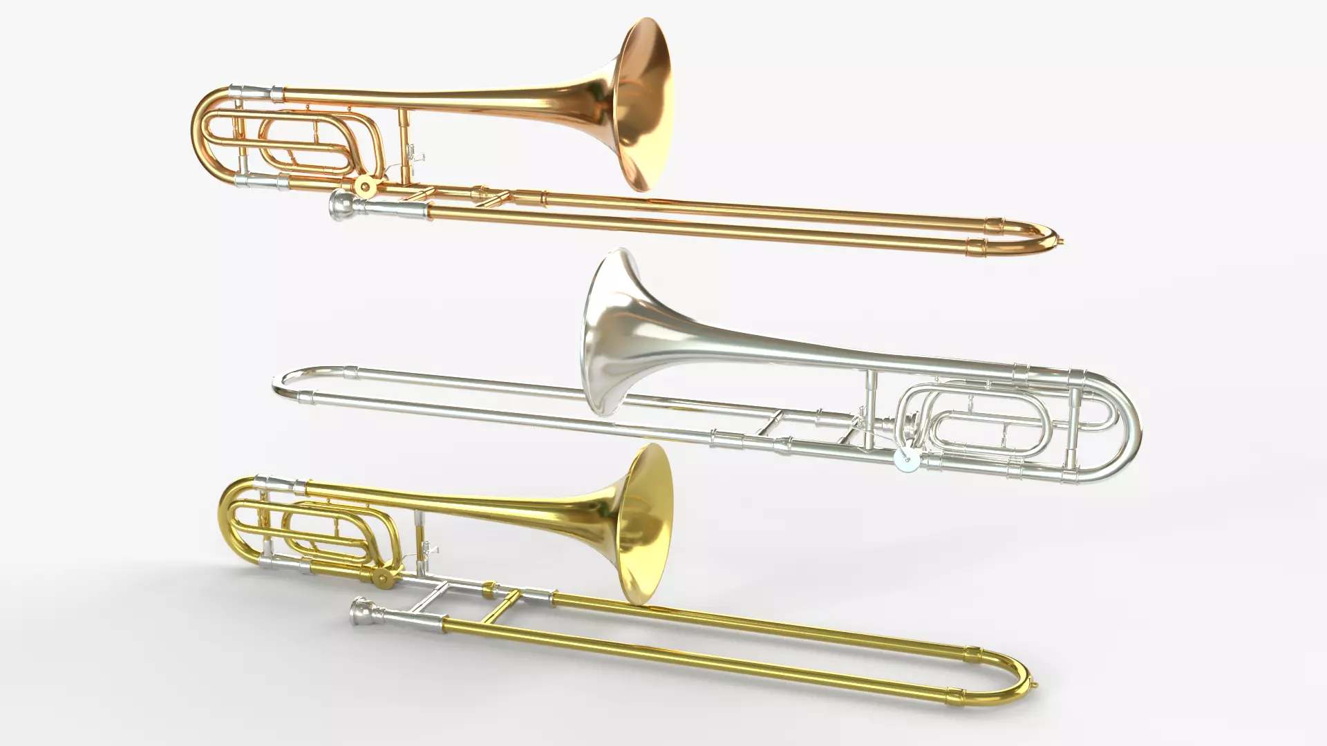Bass Trombone Three Types of Materials Brass Copper and Silver 3D model