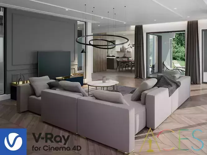 Living Room and Kitchen Scene for Cinema 4D and  Vray 6 ACES