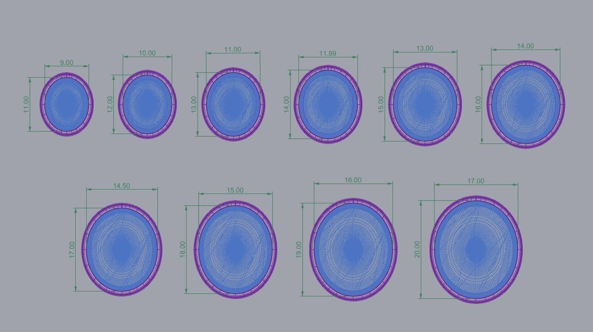 Oval shape flush settings for cabochon stones set of 10 sizes 3D print model_2