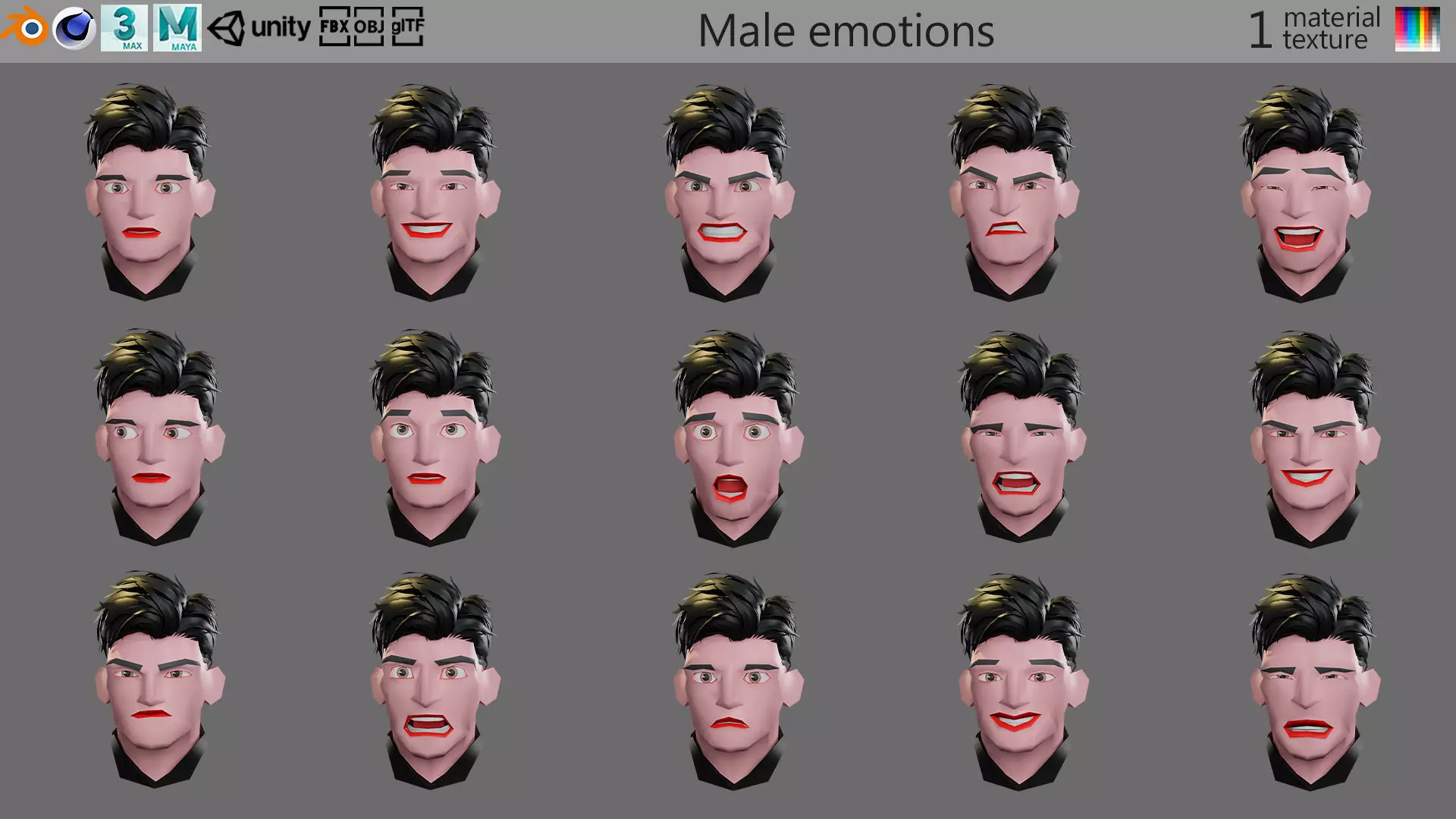 Male emotions Low-poly 3D model_0