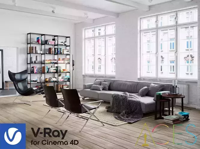 Living Room Interior Scene for Cinema 4D and Vray 6  ACES