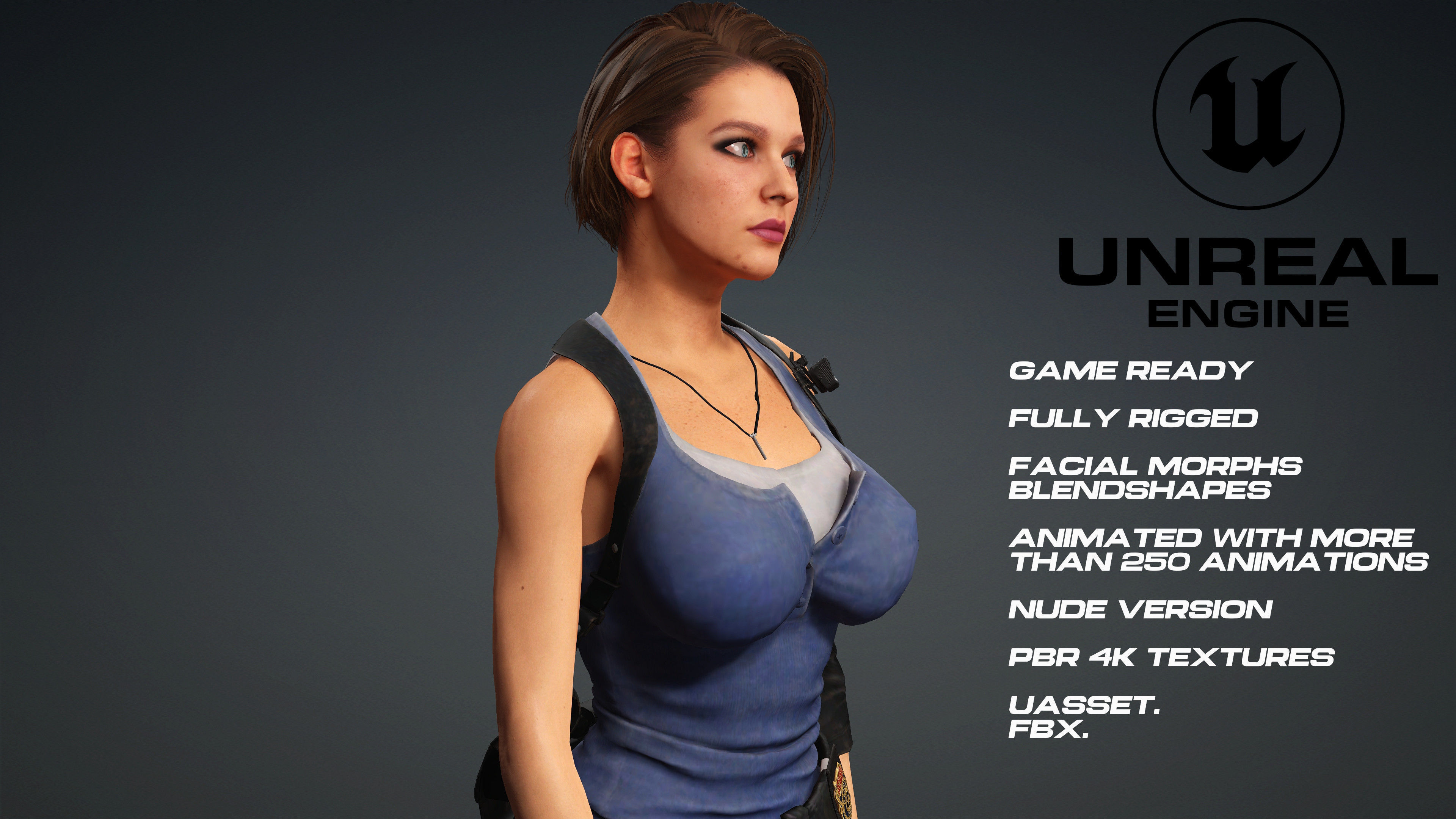 Jill Valentine -Resident evil - UE5 -face- animated-nude version Low-poly 3D model_4