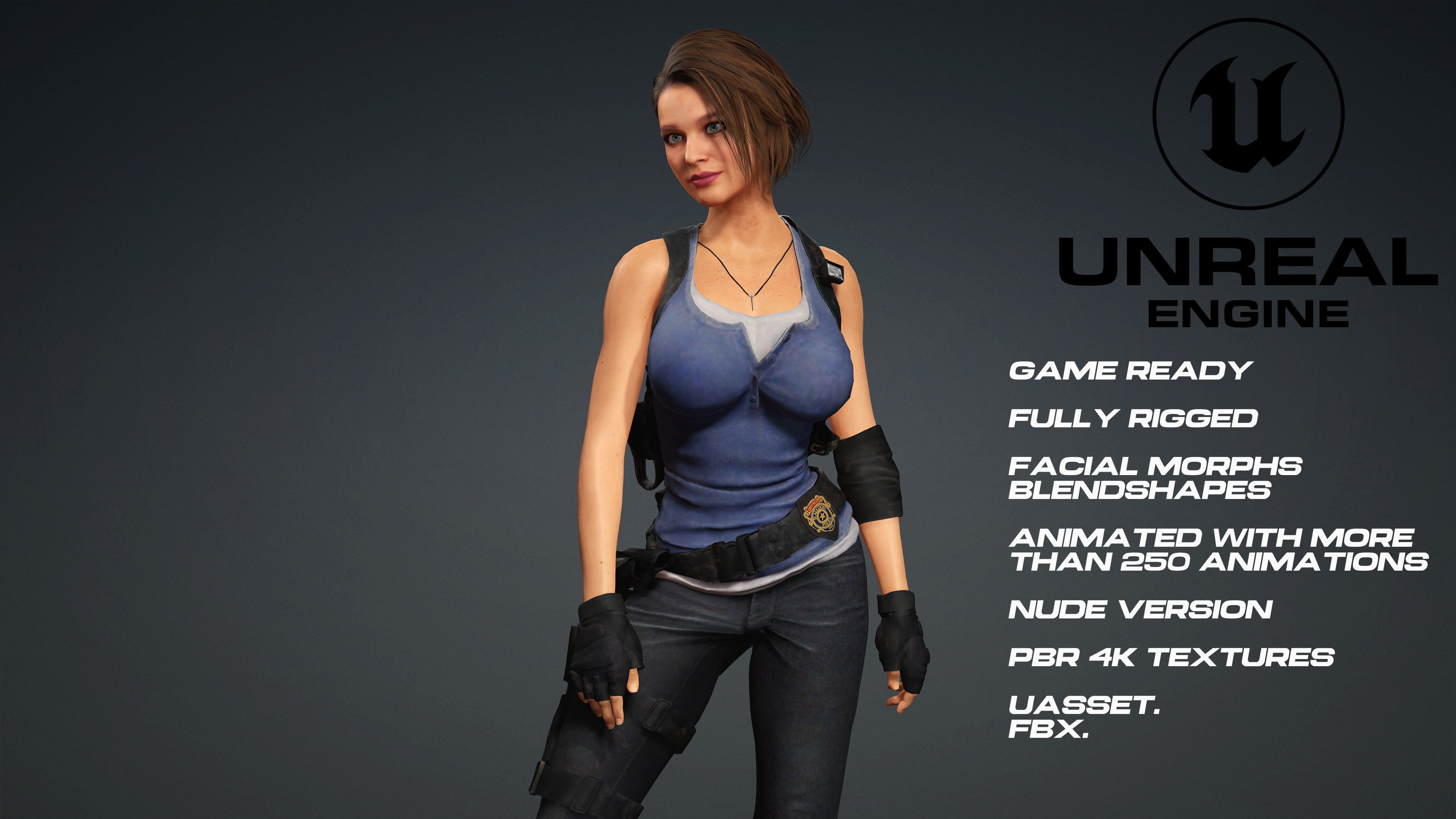Jill Valentine -Resident evil - UE5 -face- animated-nude version Low-poly 3D model_5