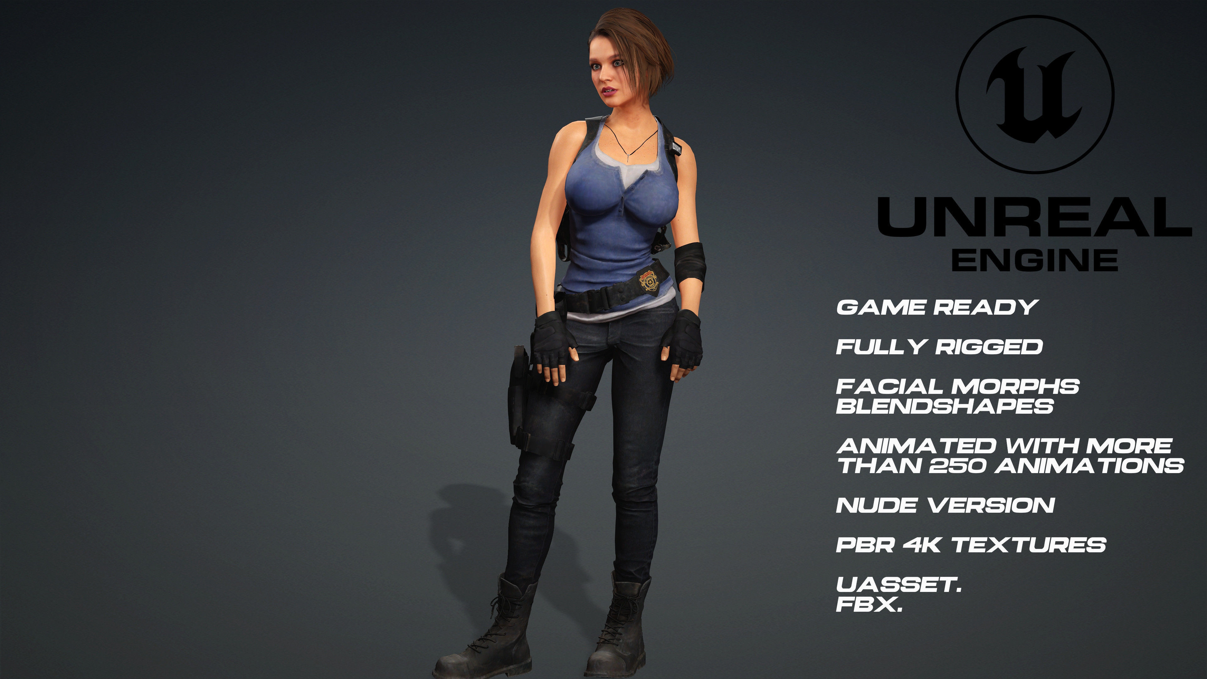 Jill Valentine -Resident evil - UE5 -face- animated-nude version Low-poly 3D model_2