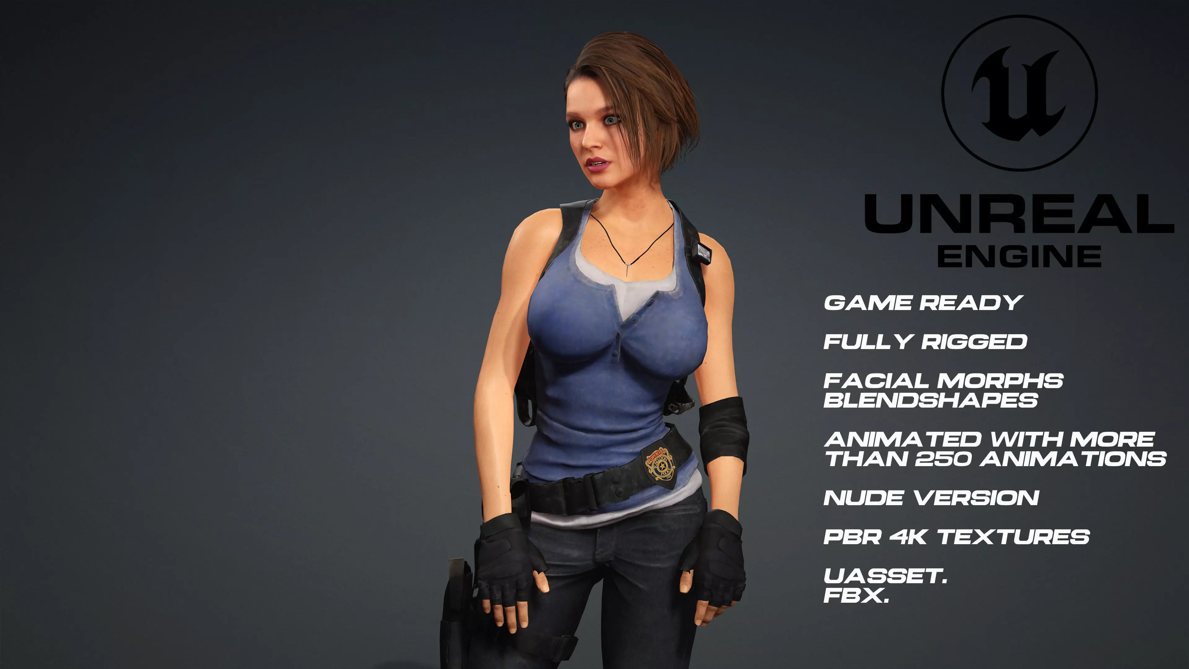 Jill Valentine -Resident evil - UE5 -face- animated-nude version Low-poly 3D model_0