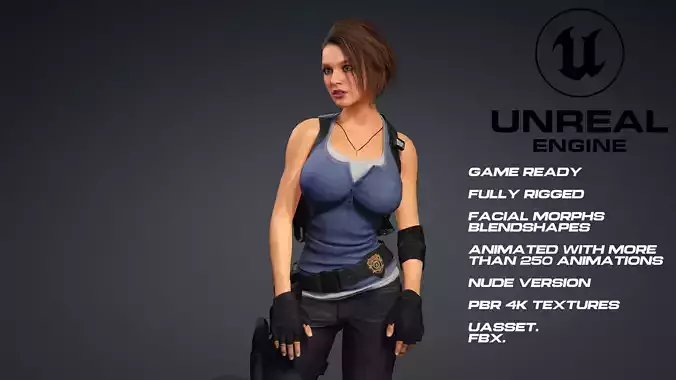 Jill Valentine -Resident evil - UE5 -face- animated-nude version Low-poly 3D model