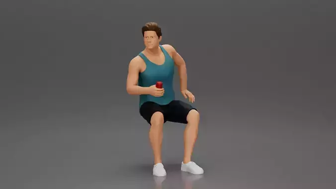 man sitting holding a can and wearing a tank top and shorts