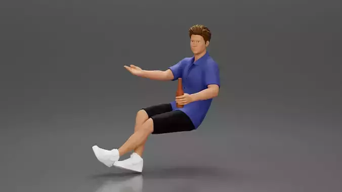 Man in shorts sitting explaining and holding a drink