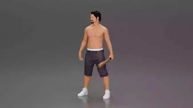 black afro gangster in shorts standing holding a baseball bat