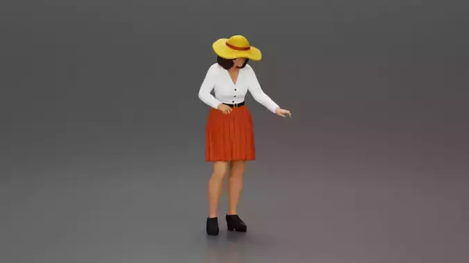 fashionable woman in hat and skirt is reaching for something 3D print model