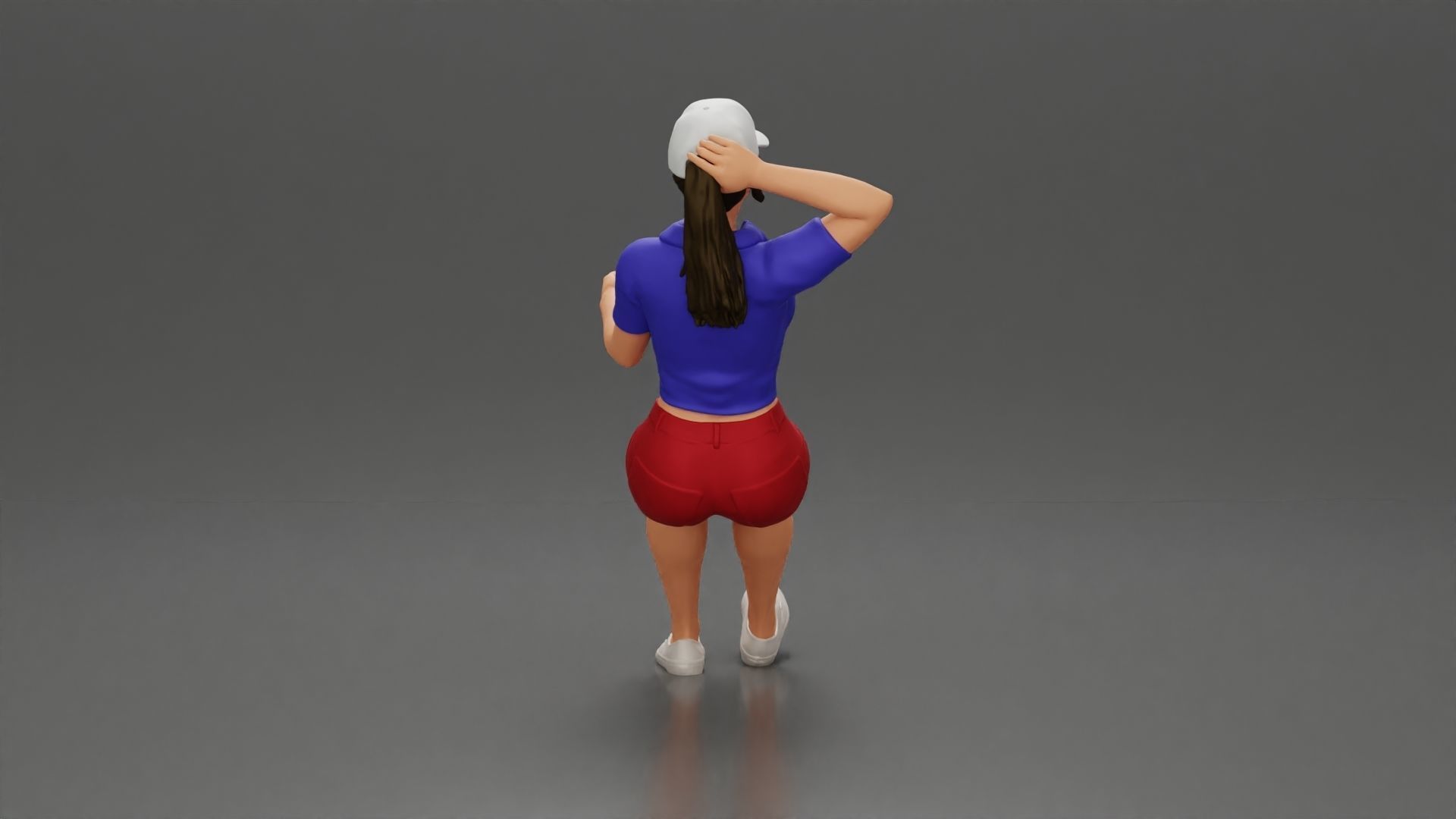 beautiful girl in cap and shorts sitting and drinking 3D print model_2