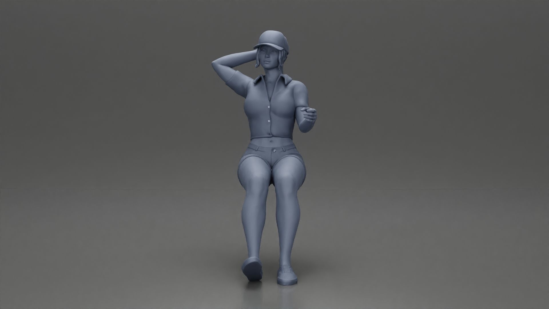 beautiful girl in cap and shorts sitting and drinking 3D print model_11