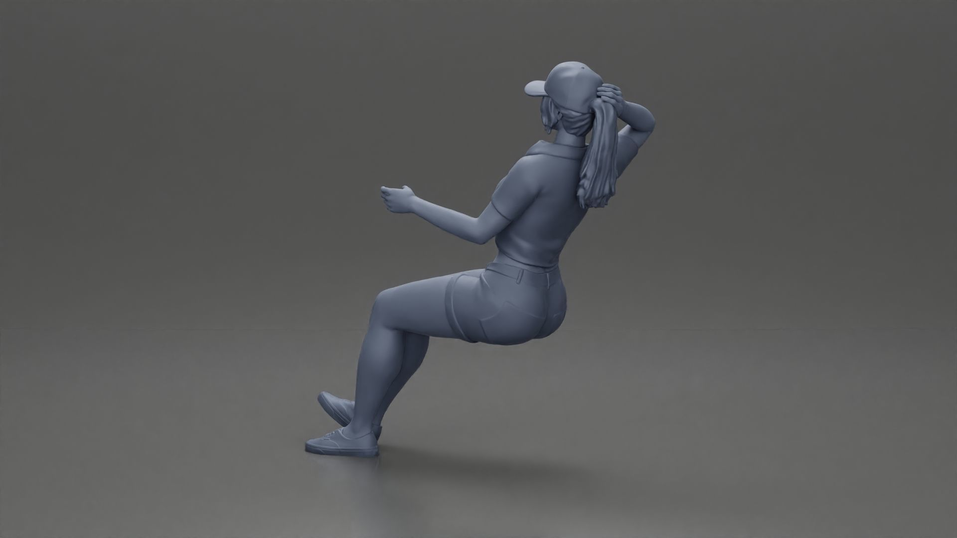 beautiful girl in cap and shorts sitting and drinking 3D print model_9