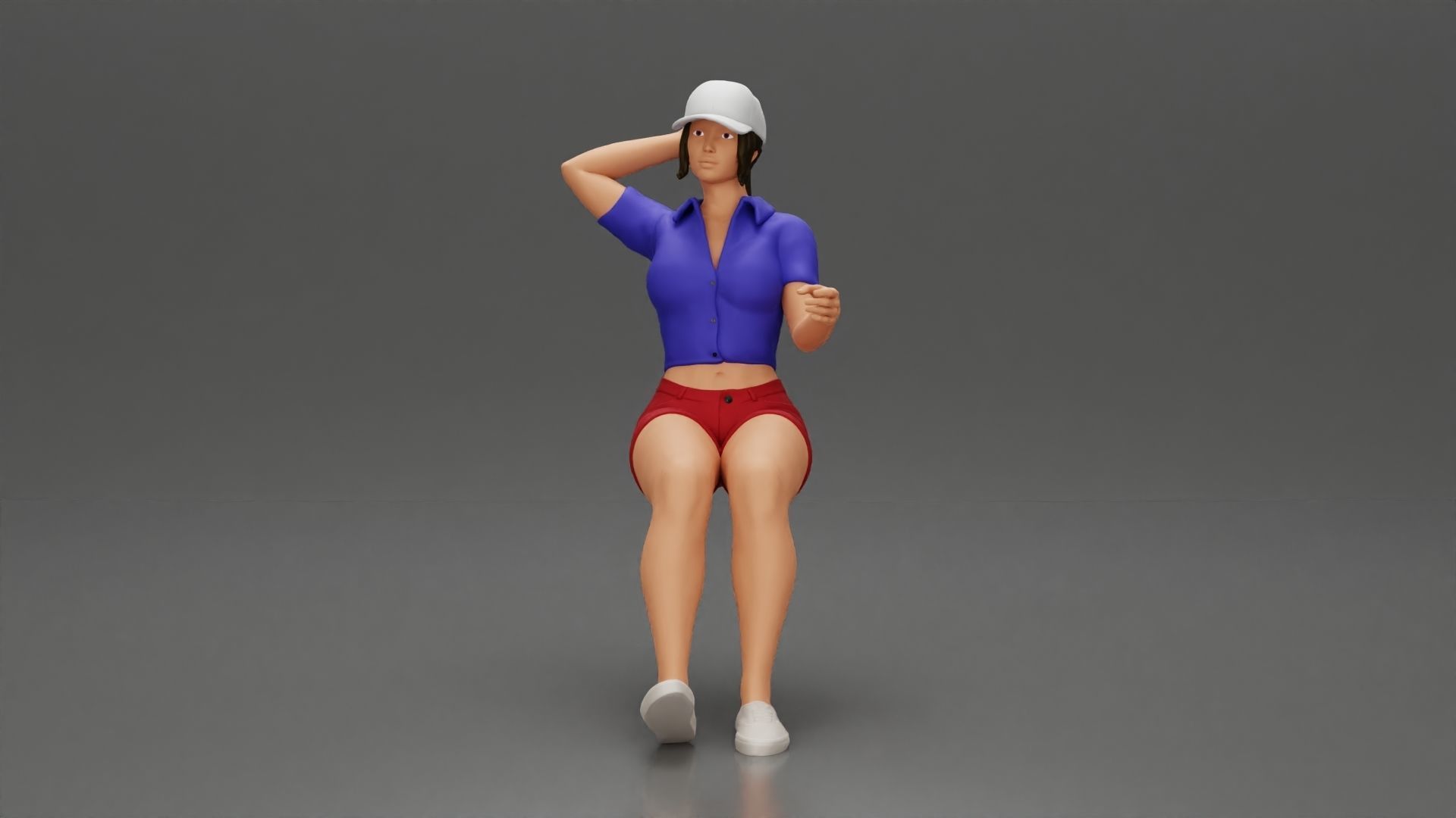 beautiful girl in cap and shorts sitting and drinking 3D print model_5