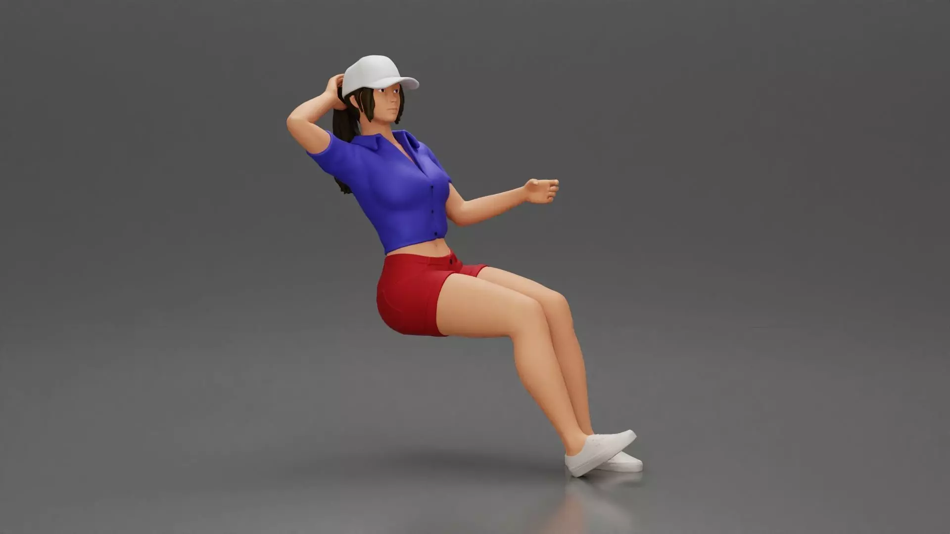 beautiful girl in cap and shorts sitting and drinking 3D print model_0