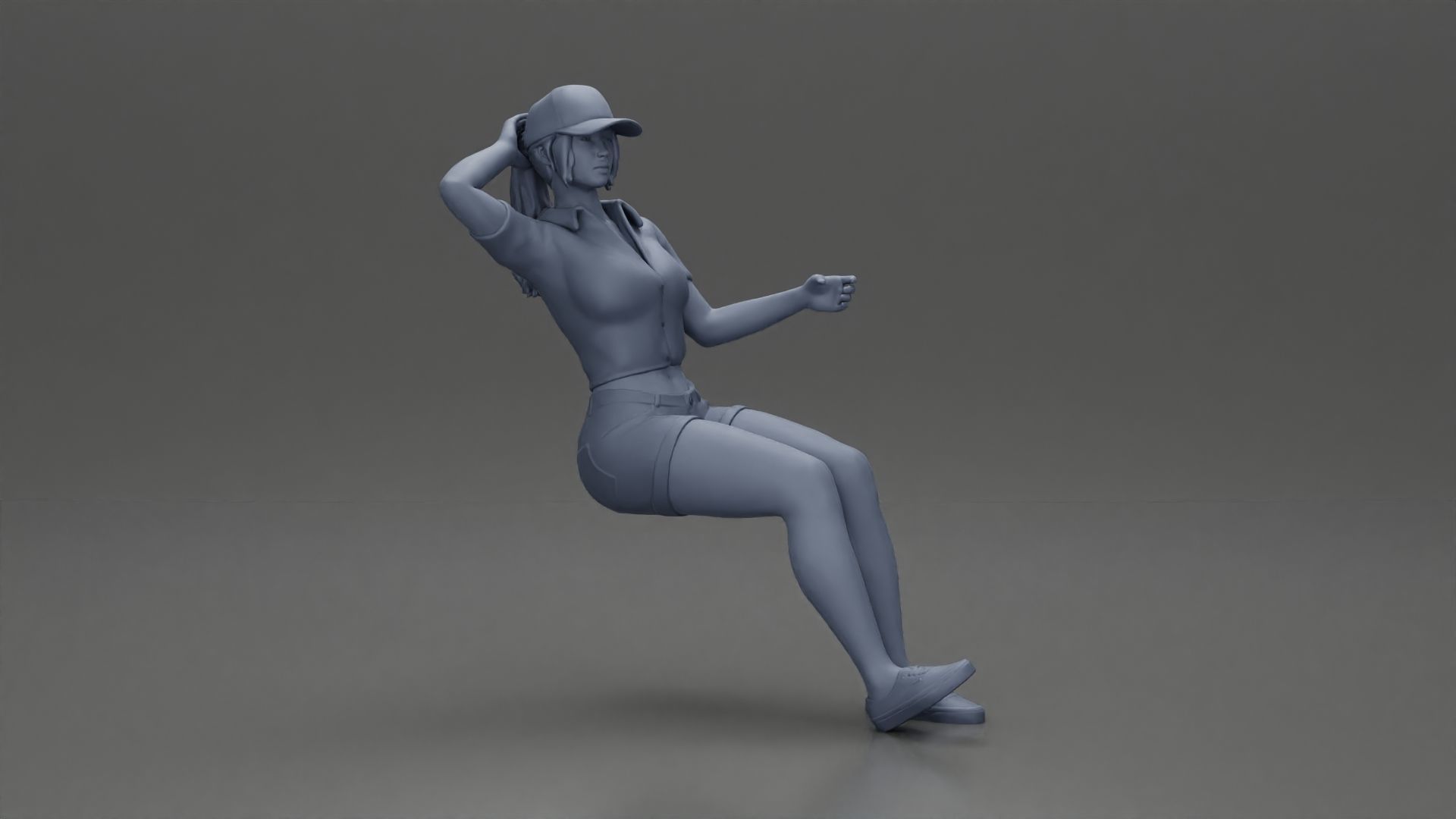 beautiful girl in cap and shorts sitting and drinking 3D print model_6